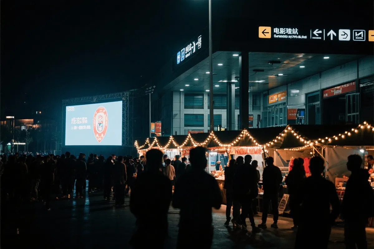 费城球迷广场夜景：大屏观赛人群、步行指示牌与公共交通入口